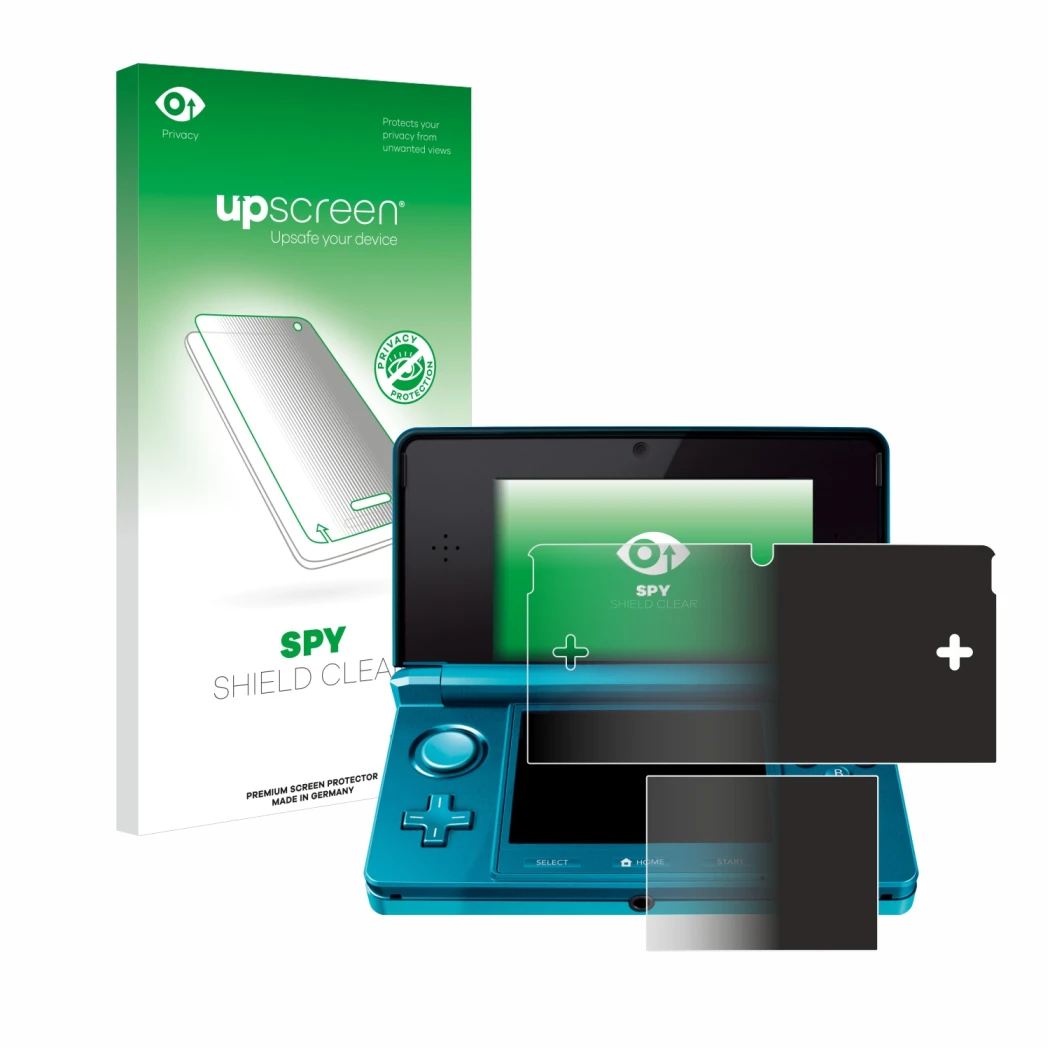 Parte frontal de un envase de producto con el logotipo de la marca upscreen. Al lado se muestra el dispositivo Nintendo 3DS co