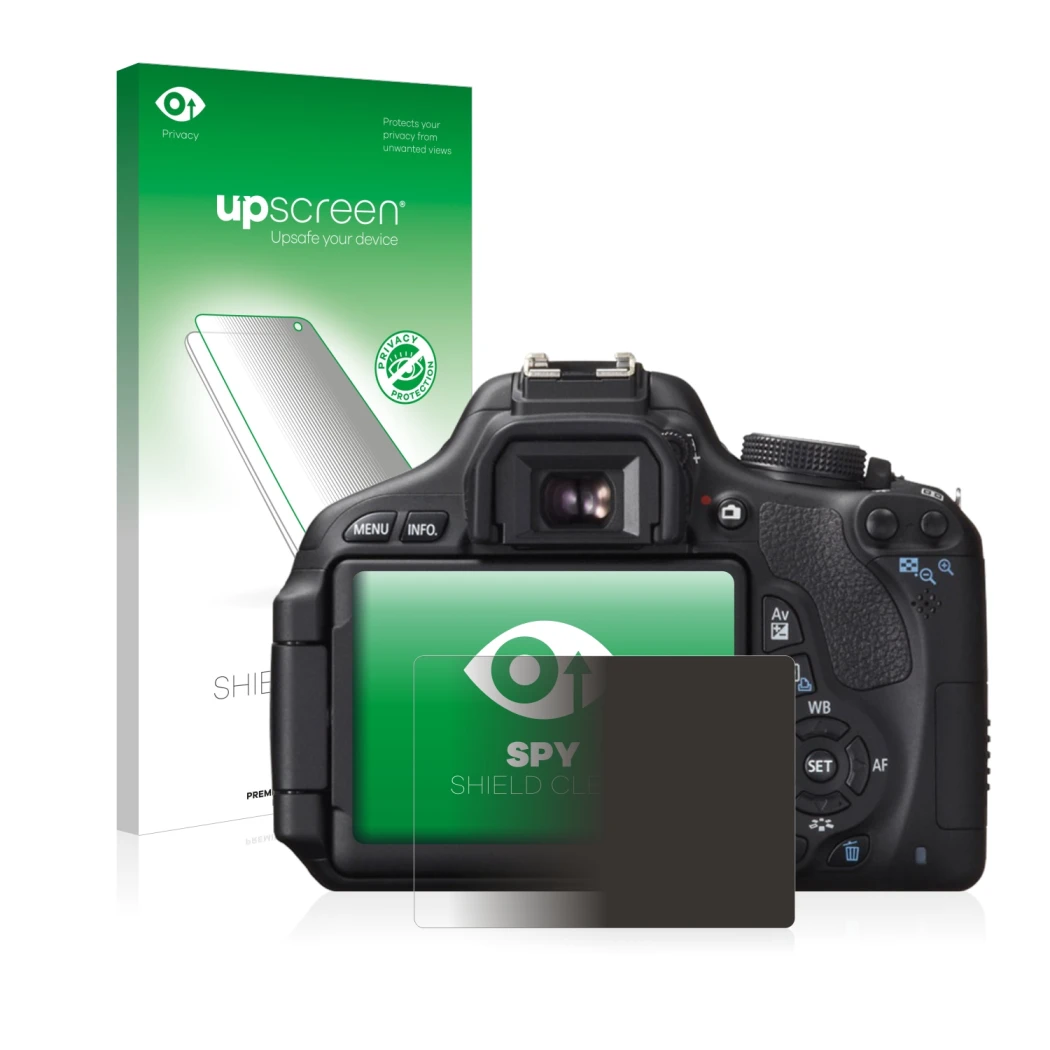 Parte frontal de un envase de producto con el logotipo de la marca upscreen. Al lado se muestra el dispositivo Canon EOS 600D
