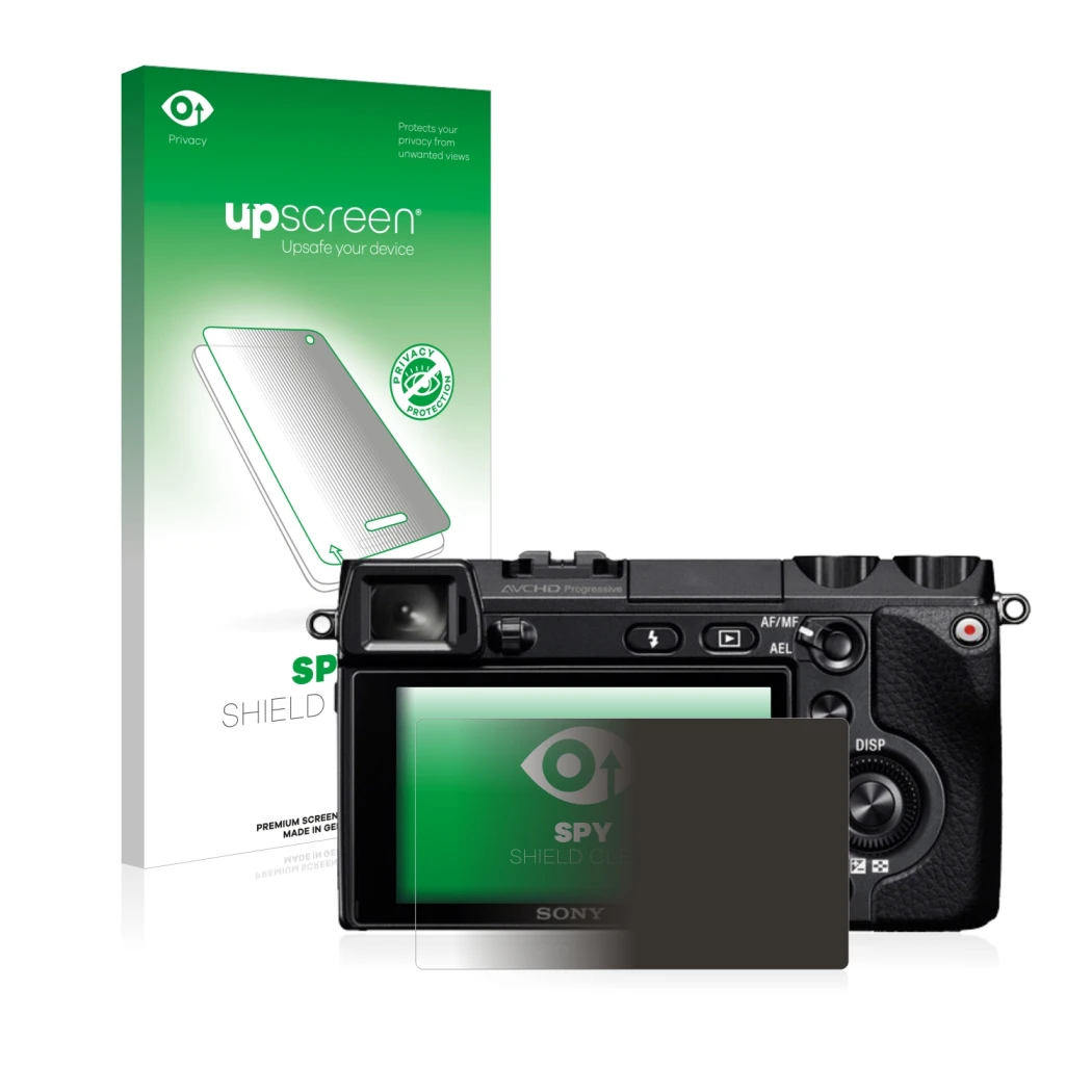 Parte frontal de un envase de producto con el logotipo de la marca upscreen. Al lado se muestra el dispositivo Sony Alpha NEX-