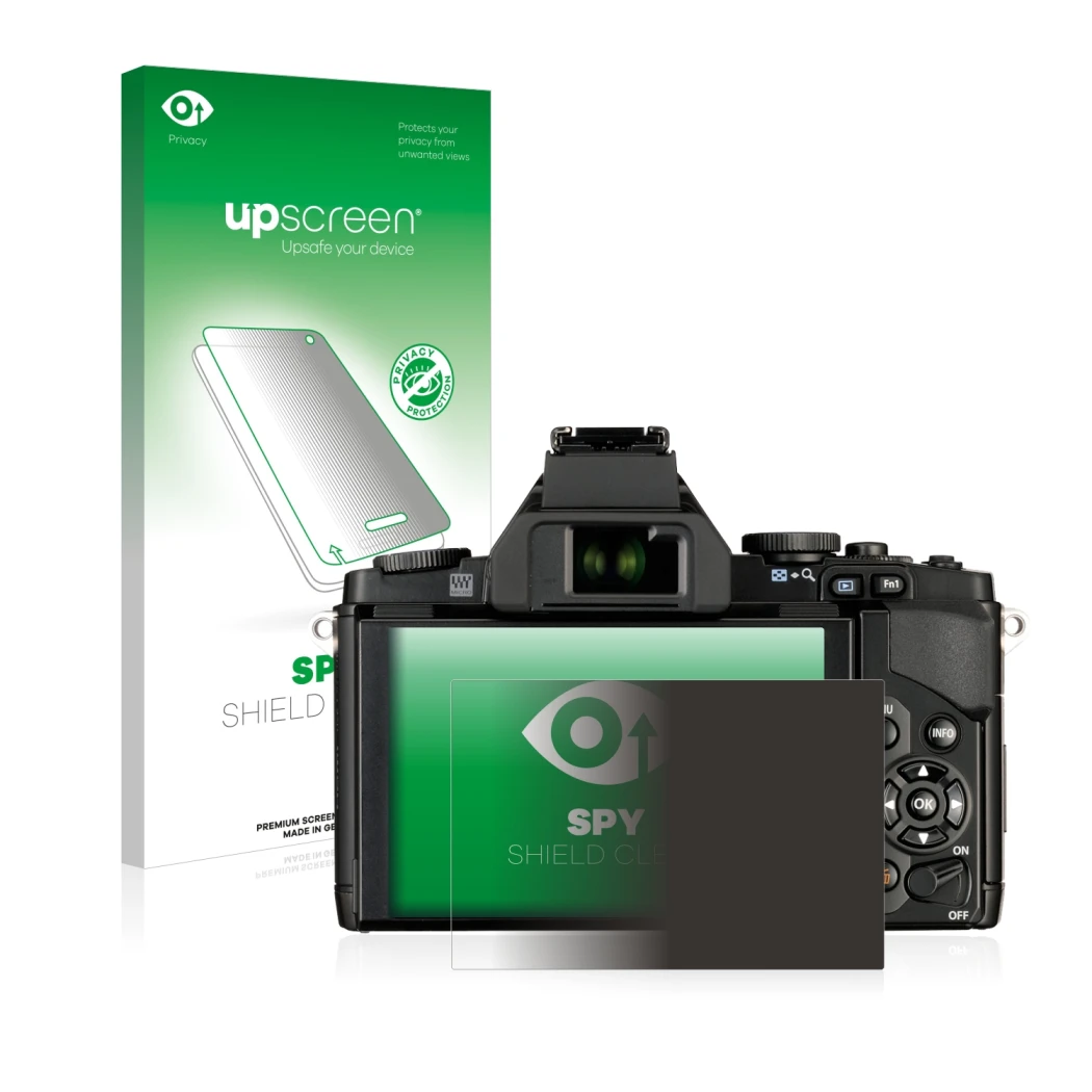 Parte frontal de un envase de producto con el logotipo de la marca upscreen. Al lado se muestra el dispositivo Olympus OM-D E-