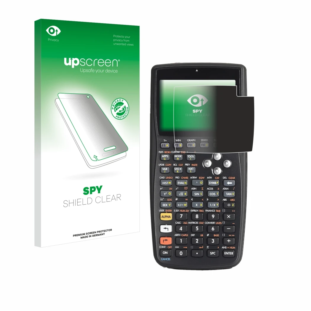 Parte frontal de un envase de producto con el logotipo de la marca upscreen. Al lado se muestra el dispositivo HP 50g F2229AA#