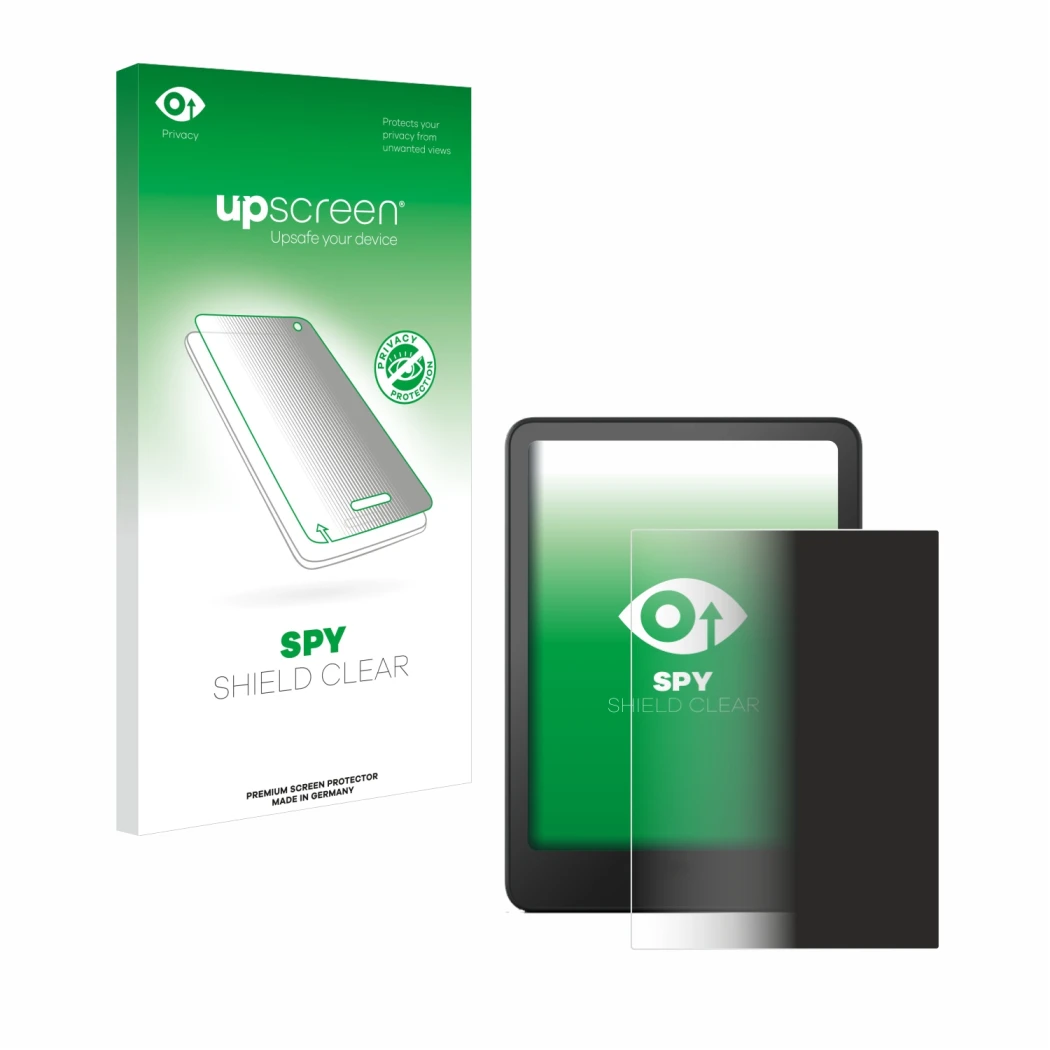 Parte frontal de un envase de producto con el logotipo de la marca upscreen. Al lado se muestra el dispositivo Amazon Kindle P