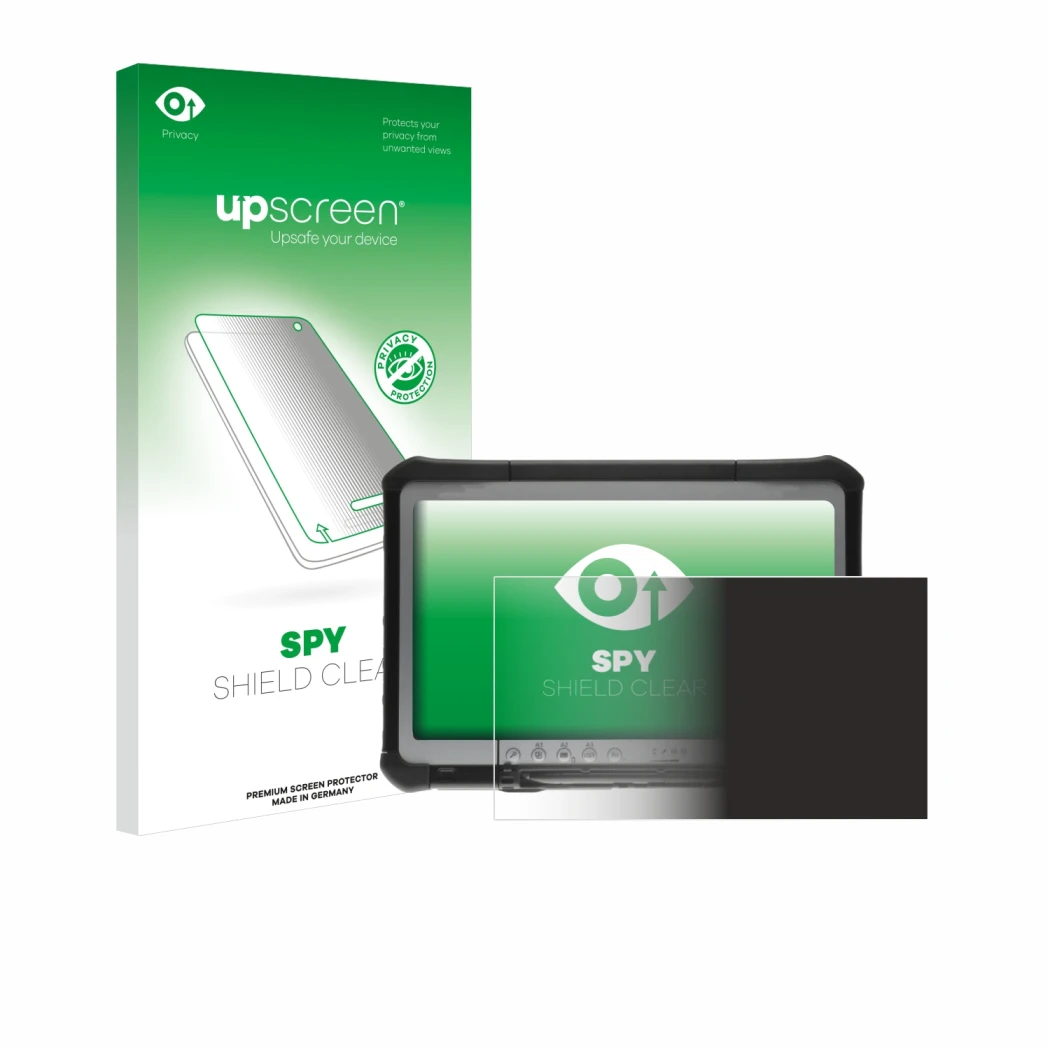 Parte frontal de un envase de producto con el logotipo de la marca upscreen. Al lado se muestra el dispositivo Panasonic Tough