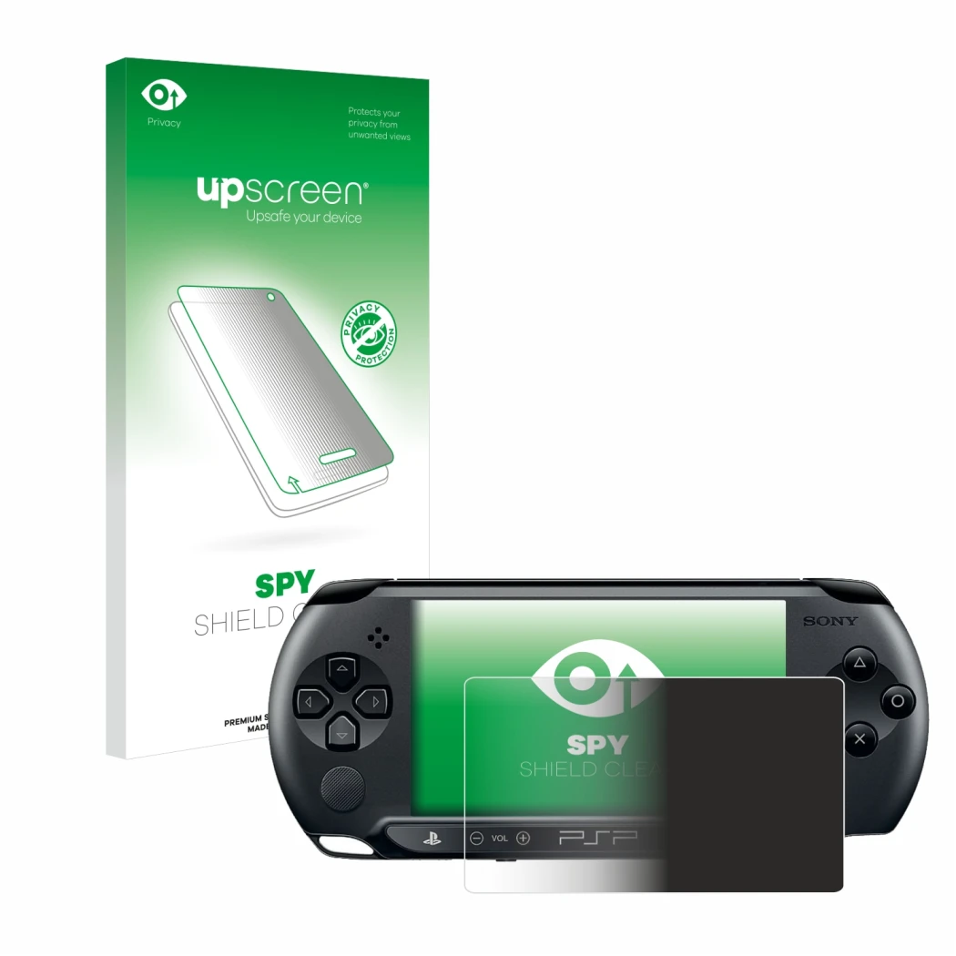 Parte frontal de un envase de producto con el logotipo de la marca upscreen. Al lado se muestra el dispositivo Sony PSP 1004 c