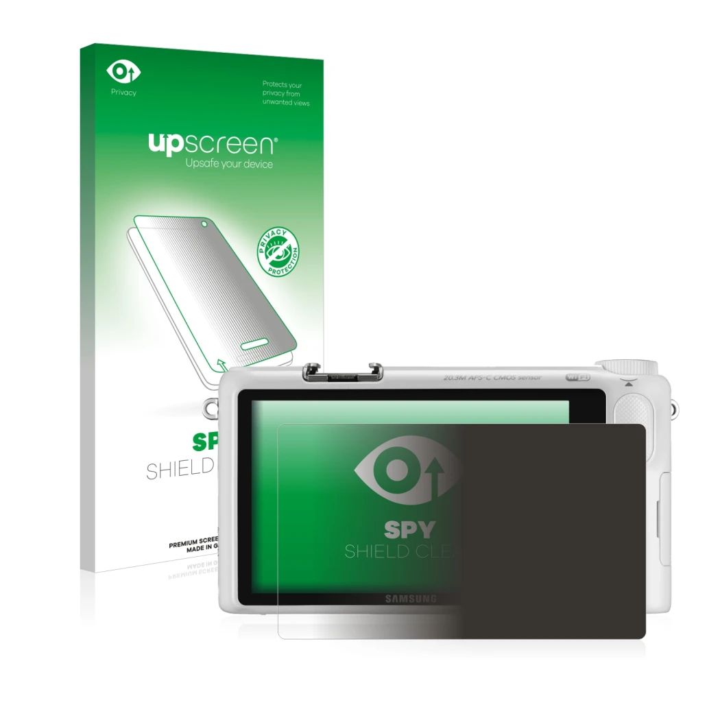 Parte frontal de un envase de producto con el logotipo de la marca upscreen. Al lado se muestra el dispositivo Samsung NX2000