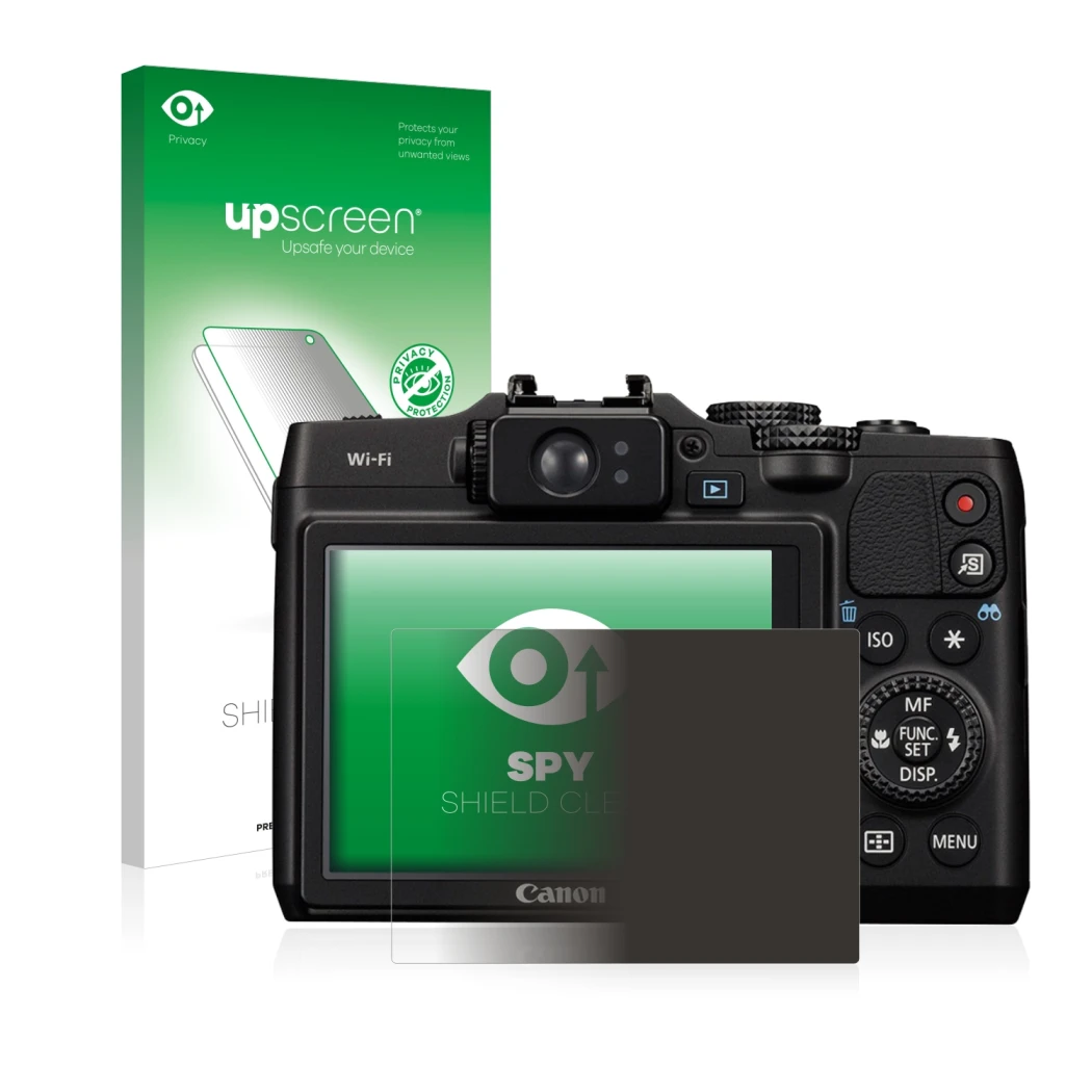 Parte frontal de un envase de producto con el logotipo de la marca upscreen. Al lado se muestra el dispositivo Canon PowerShot