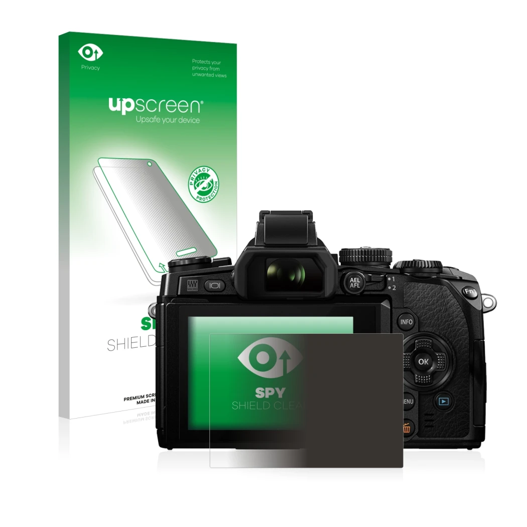 Parte frontal de un envase de producto con el logotipo de la marca upscreen. Al lado se muestra el dispositivo Olympus OM-D E-