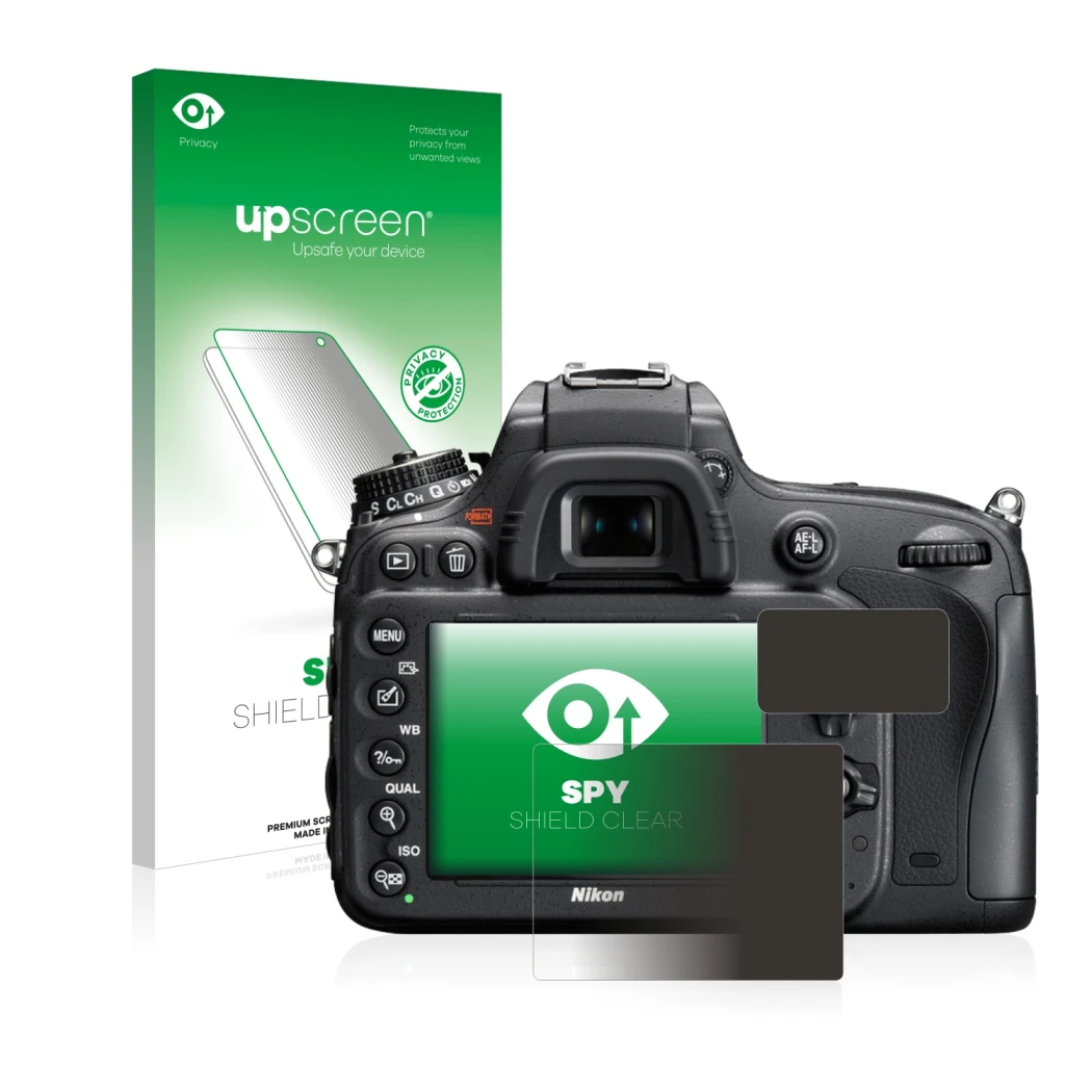 Parte frontal de un envase de producto con el logotipo de la marca upscreen. Al lado se muestra el dispositivo Nikon D610 con