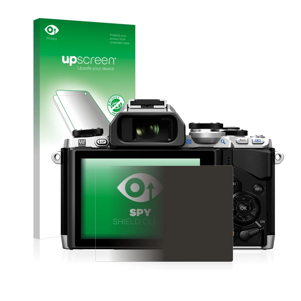 Parte frontal de un envase de producto con el logotipo de la marca upscreen. Al lado se muestra el dispositivo Olympus OM-D E-