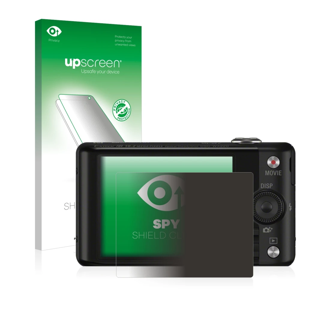 Parte frontal de un envase de producto con el logotipo de la marca upscreen. Al lado se muestra el dispositivo Sony Cyber-Shot