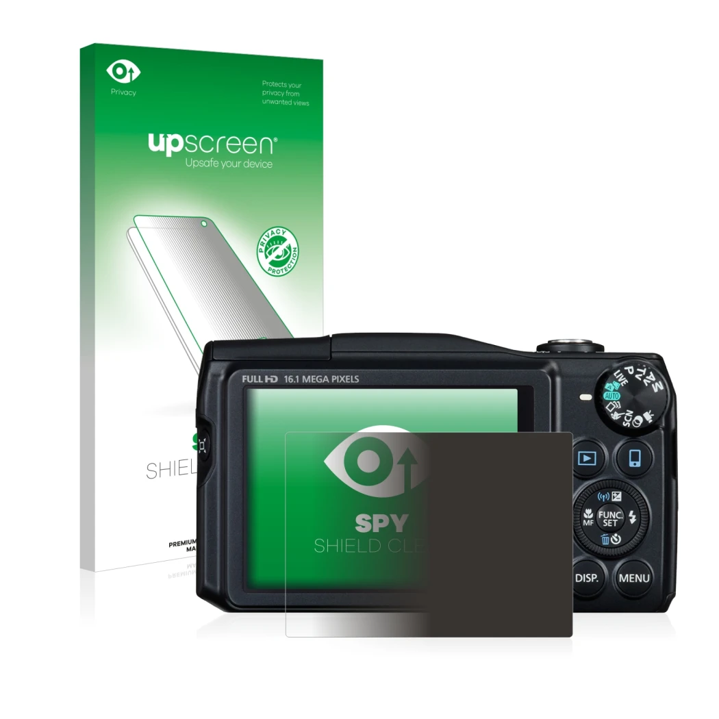 Parte frontal de un envase de producto con el logotipo de la marca upscreen. Al lado se muestra el dispositivo Canon PowerShot