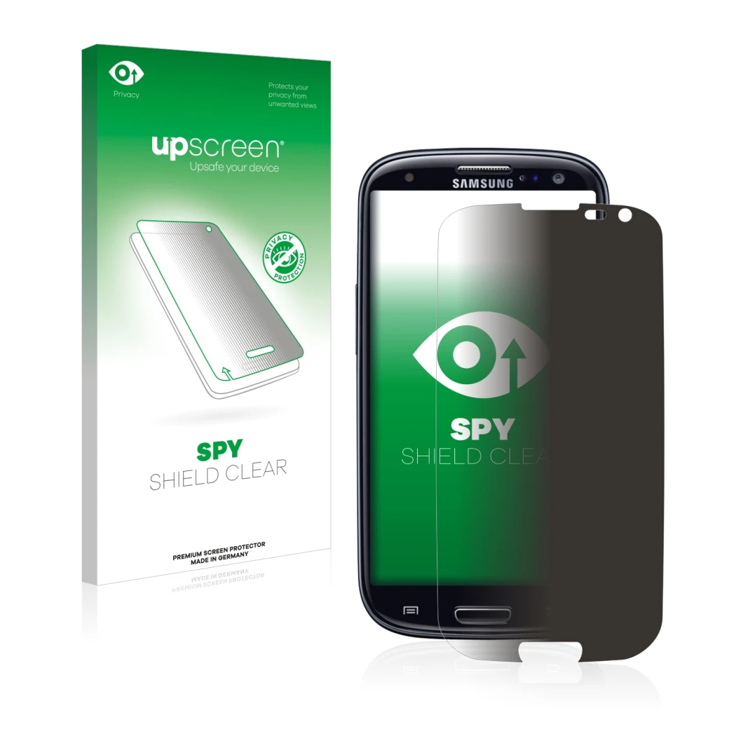 Parte frontal de un envase de producto con el logotipo de la marca upscreen. Al lado se muestra el dispositivo Samsung Galaxy 