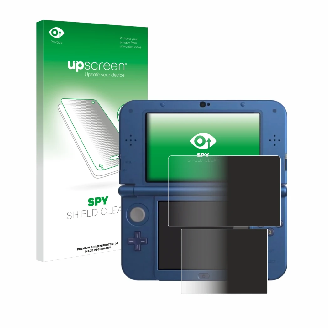 Parte frontal de un envase de producto con el logotipo de la marca upscreen. Al lado se muestra el dispositivo Nintendo New 3D