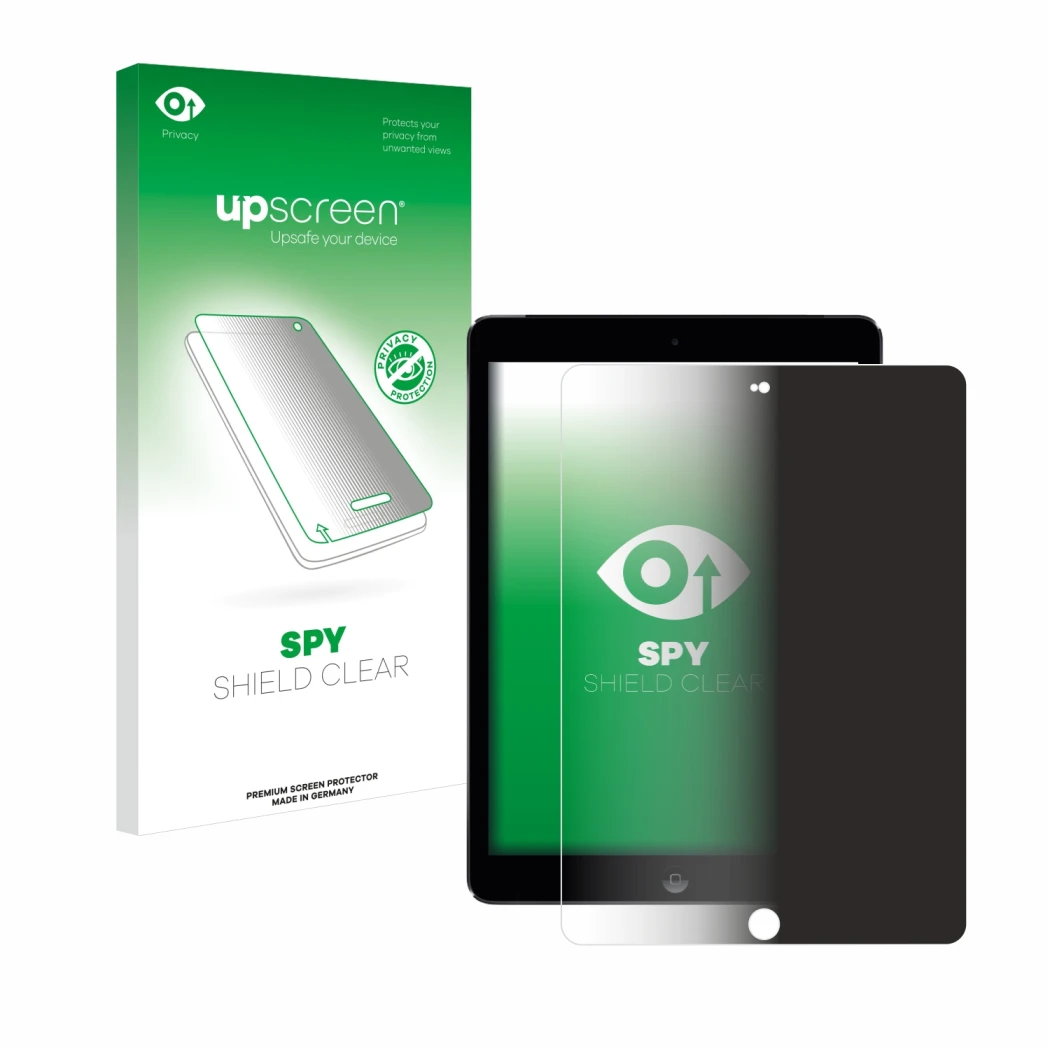 Parte frontal de un envase de producto con el logotipo de la marca upscreen. Al lado se muestra el dispositivo Apple iPad Air 