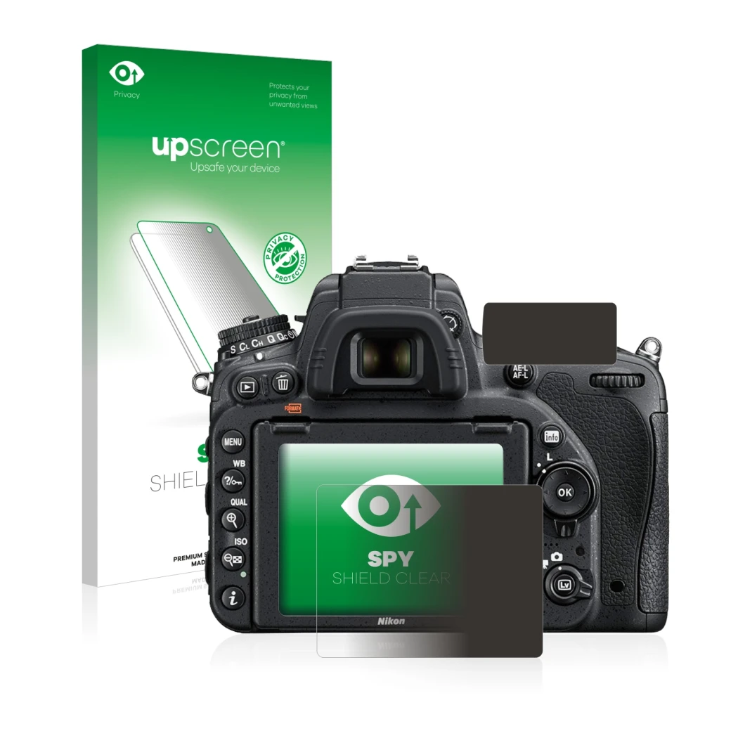 Parte frontal de un envase de producto con el logotipo de la marca upscreen. Al lado se muestra el dispositivo Nikon D750 con