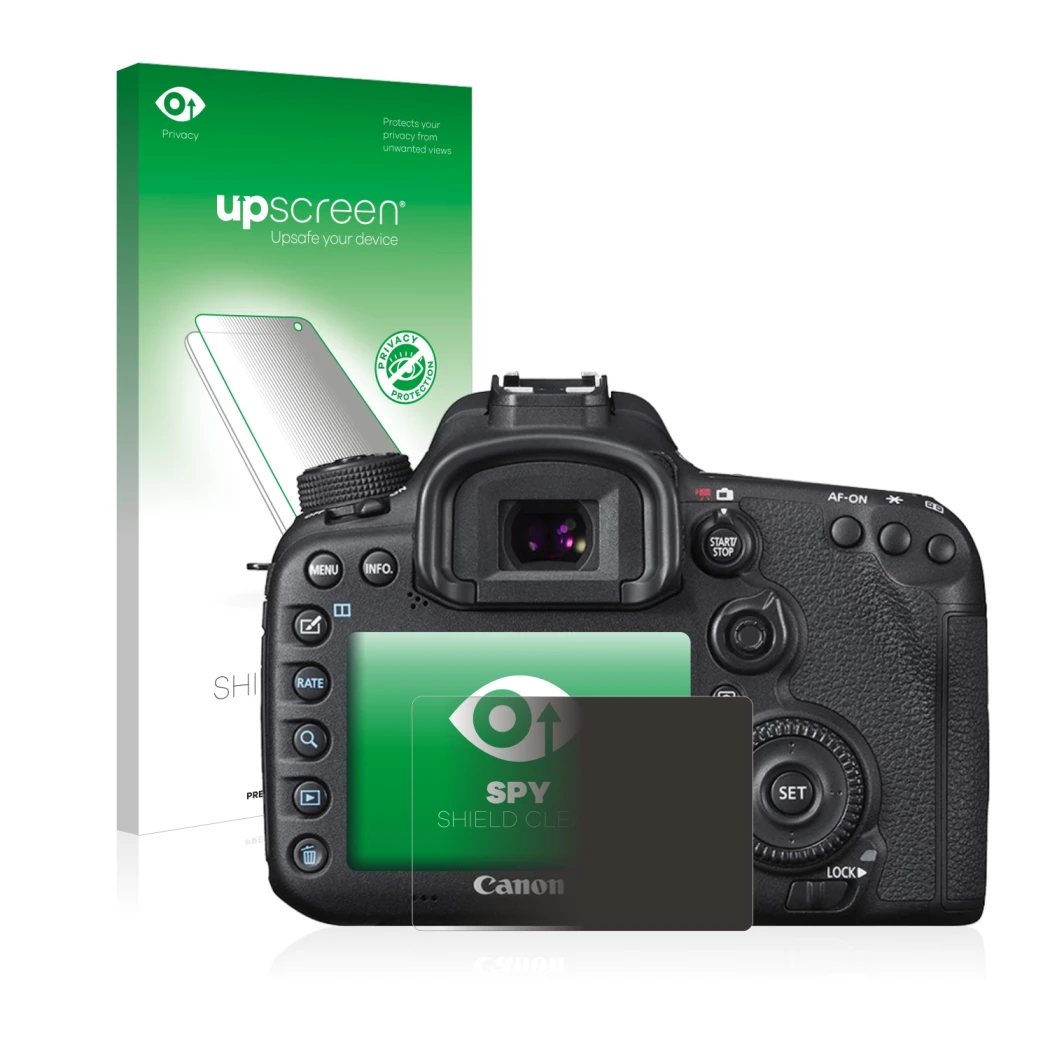 Parte frontal de un envase de producto con el logotipo de la marca upscreen. Al lado se muestra el dispositivo Canon EOS 7D Ma