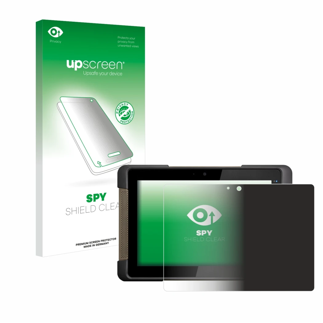 Parte frontal de un envase de producto con el logotipo de la marca upscreen. Al lado se muestra el dispositivo Getac T800 con 