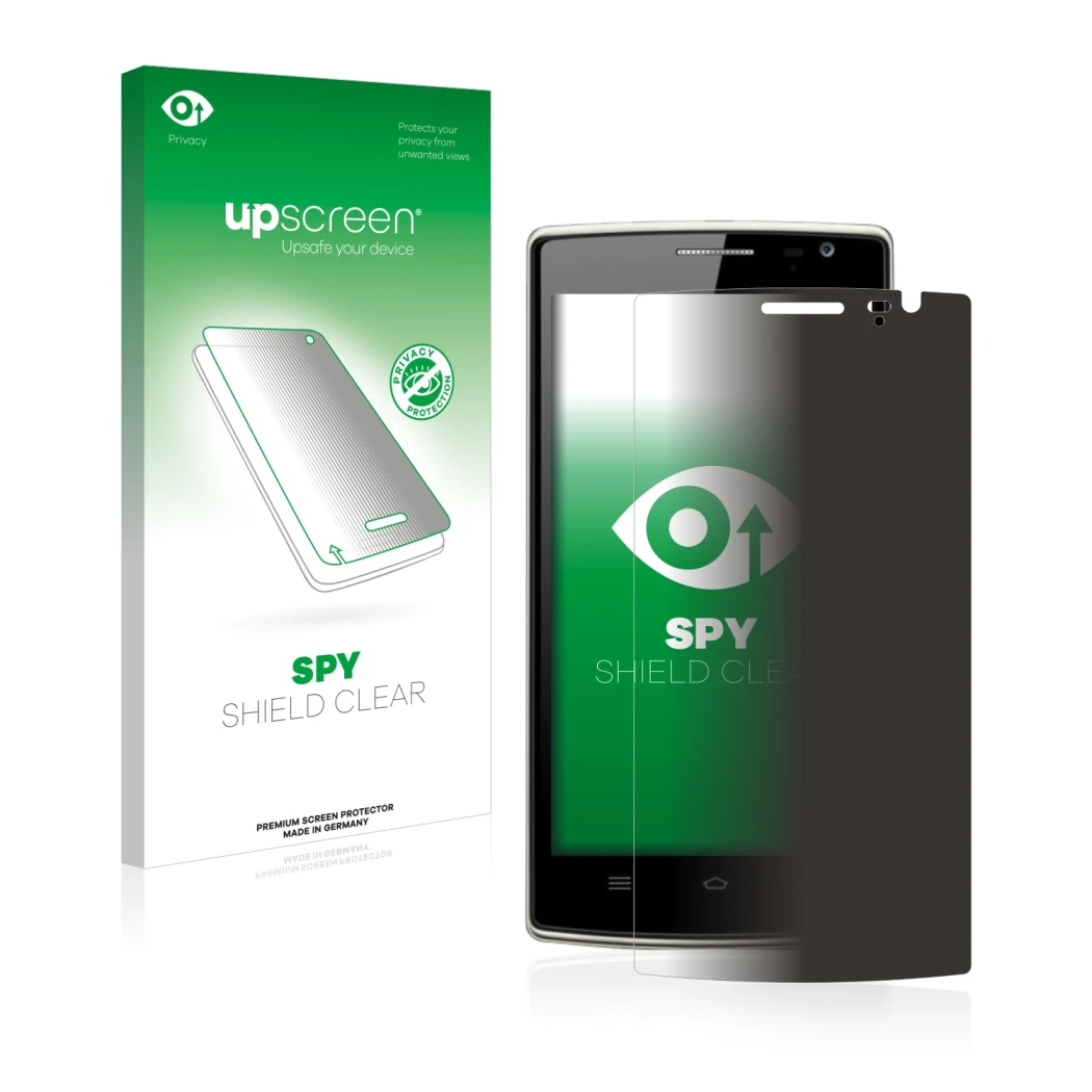 Parte frontal de un envase de producto con el logotipo de la marca upscreen. Al lado se muestra el dispositivo THL 5000T con s