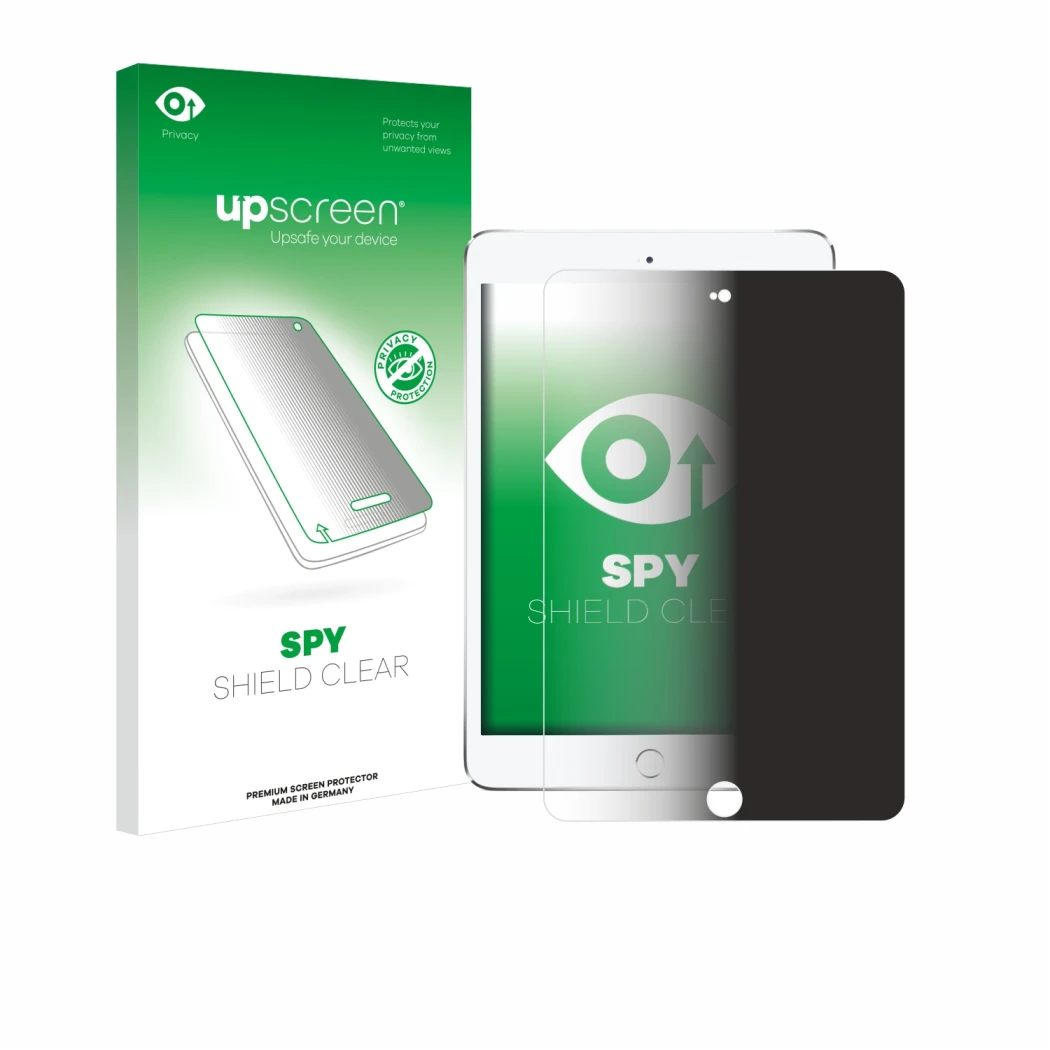 Parte frontal de un envase de producto con el logotipo de la marca upscreen. Al lado se muestra el dispositivo Apple iPad Mini