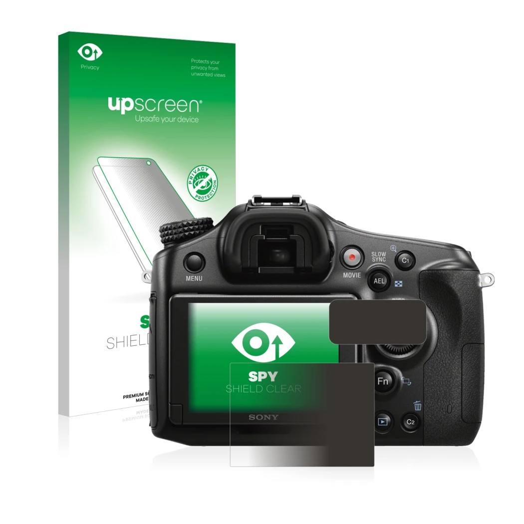 Parte frontal de un envase de producto con el logotipo de la marca upscreen. Al lado se muestra el dispositivo Sony Alpha 68 c