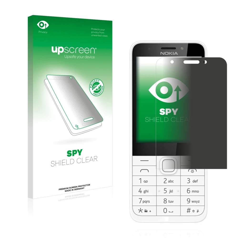 Parte frontal de un envase de producto con el logotipo de la marca upscreen. Al lado se muestra el dispositivo Nokia 230 con s