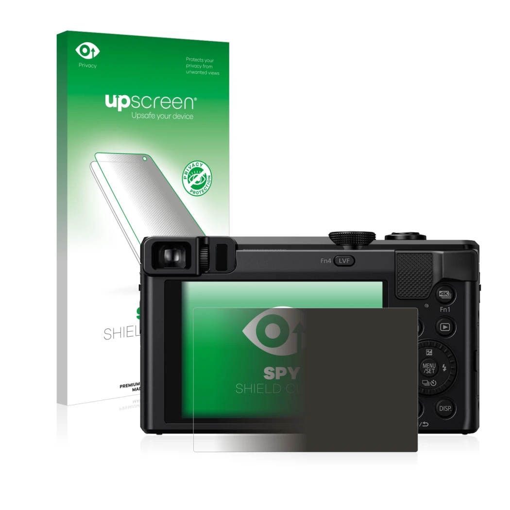 Parte frontal de un envase de producto con el logotipo de la marca upscreen. Al lado se muestra el dispositivo Panasonic Lumix