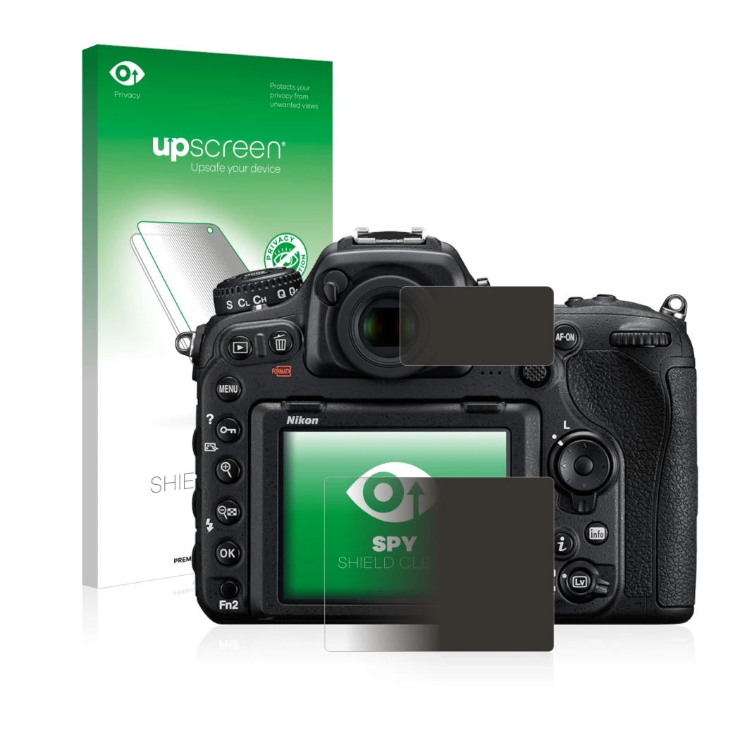 Parte frontal de un envase de producto con el logotipo de la marca upscreen. Al lado se muestra el dispositivo Nikon D500 con