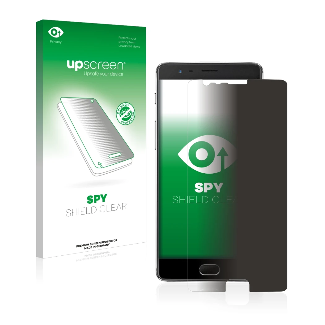 Parte frontal de un envase de producto con el logotipo de la marca upscreen. Al lado se muestra el dispositivo OnePlus 3 con s