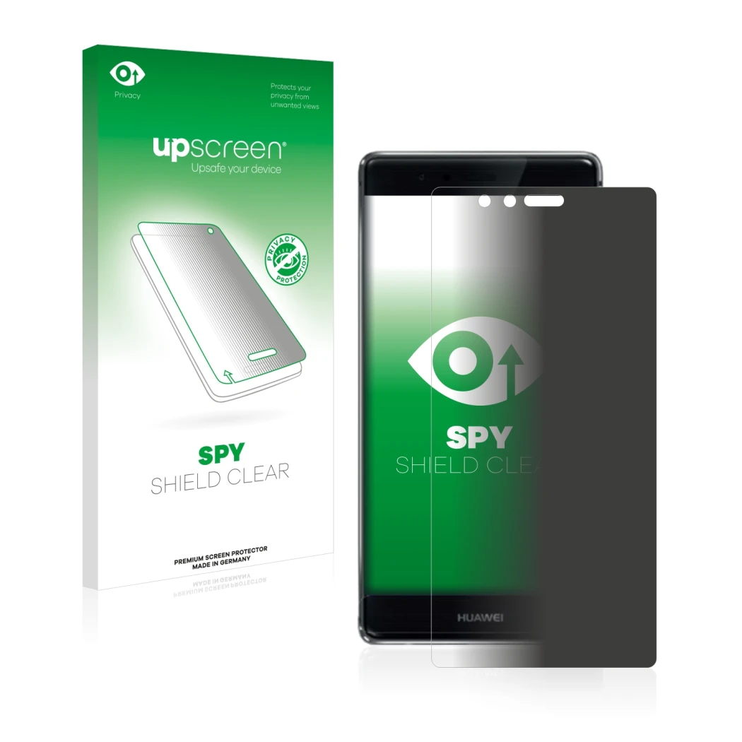 Parte frontal de un envase de producto con el logotipo de la marca upscreen. Al lado se muestra el dispositivo Huawei P9 Plus