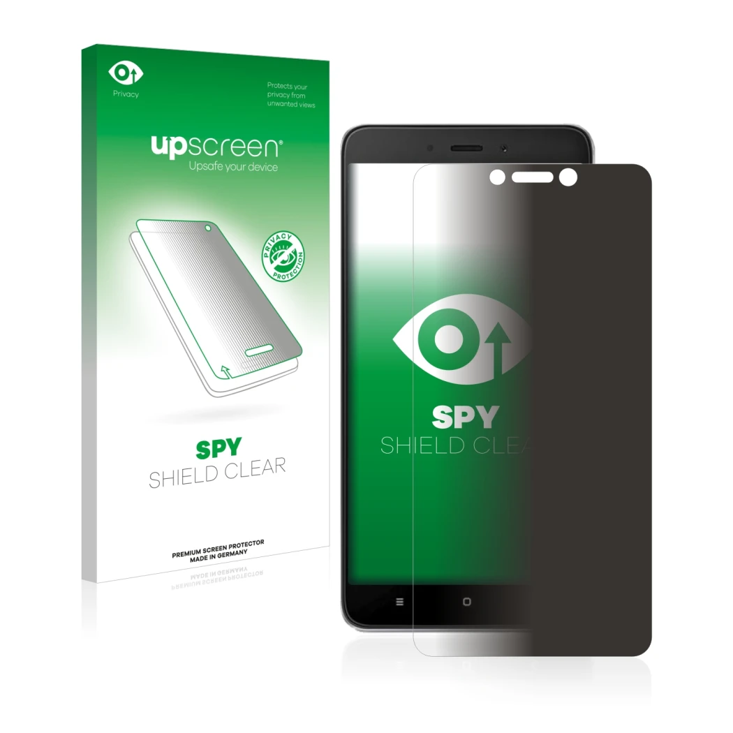 Parte frontal de un envase de producto con el logotipo de la marca upscreen. Al lado se muestra el dispositivo Xiaomi Redmi No