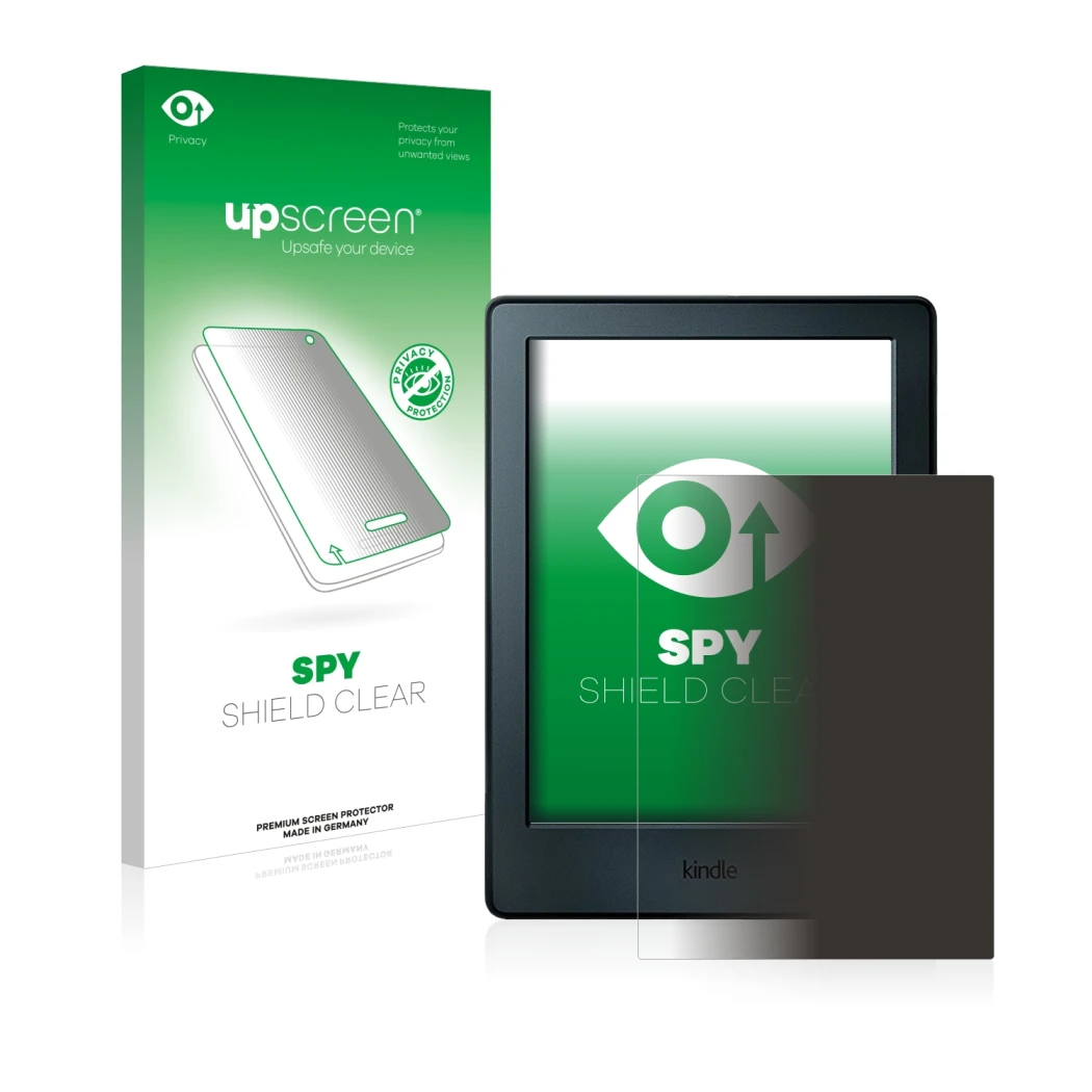 Parte frontal de un envase de producto con el logotipo de la marca upscreen. Al lado se muestra el dispositivo Amazon Kindle 2