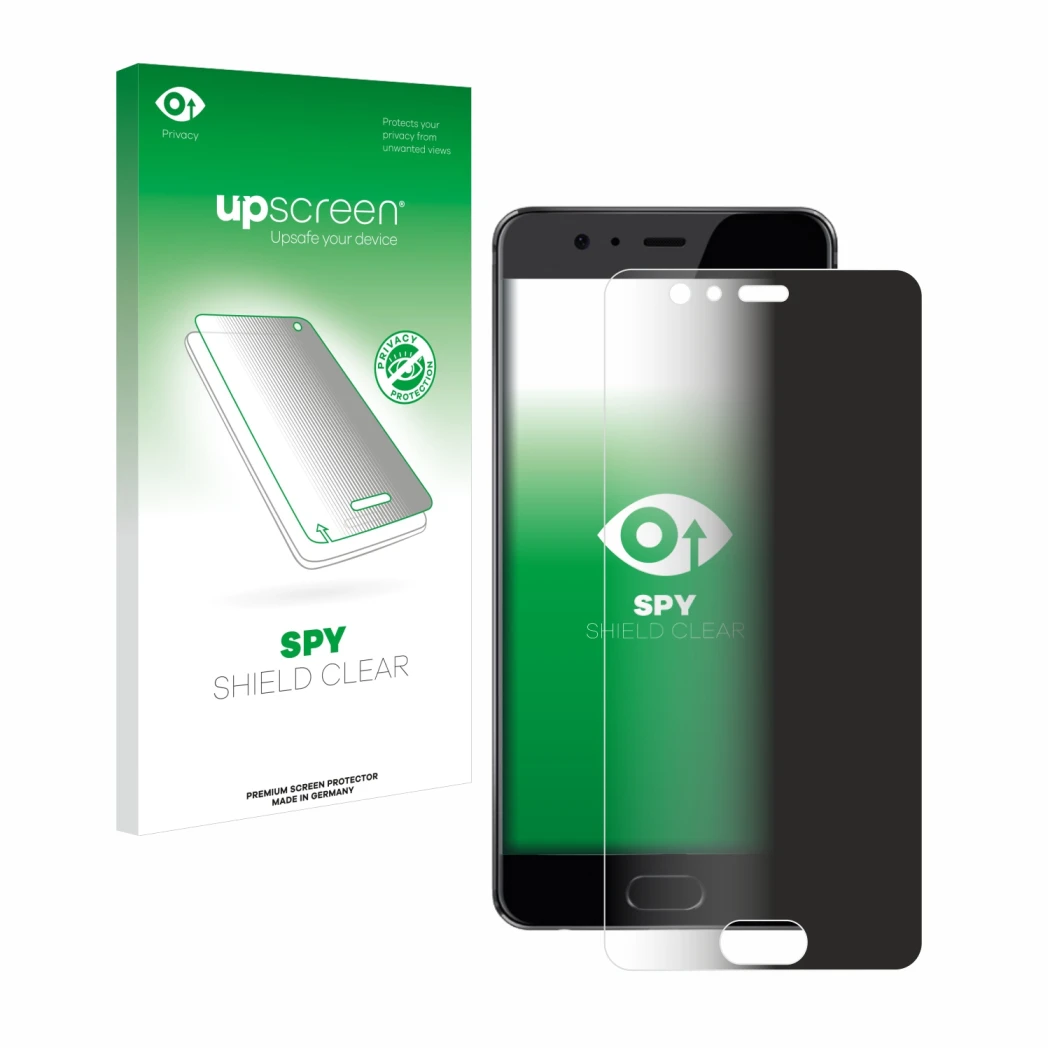 Parte frontal de un envase de producto con el logotipo de la marca upscreen. Al lado se muestra el dispositivo Huawei P10 Plus