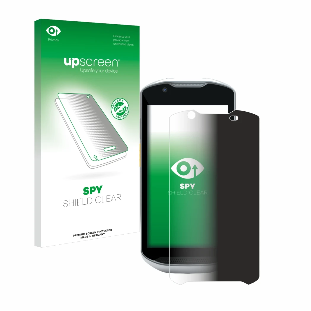 Parte frontal de un envase de producto con el logotipo de la marca upscreen. Al lado se muestra el dispositivo Zebra TC56 con