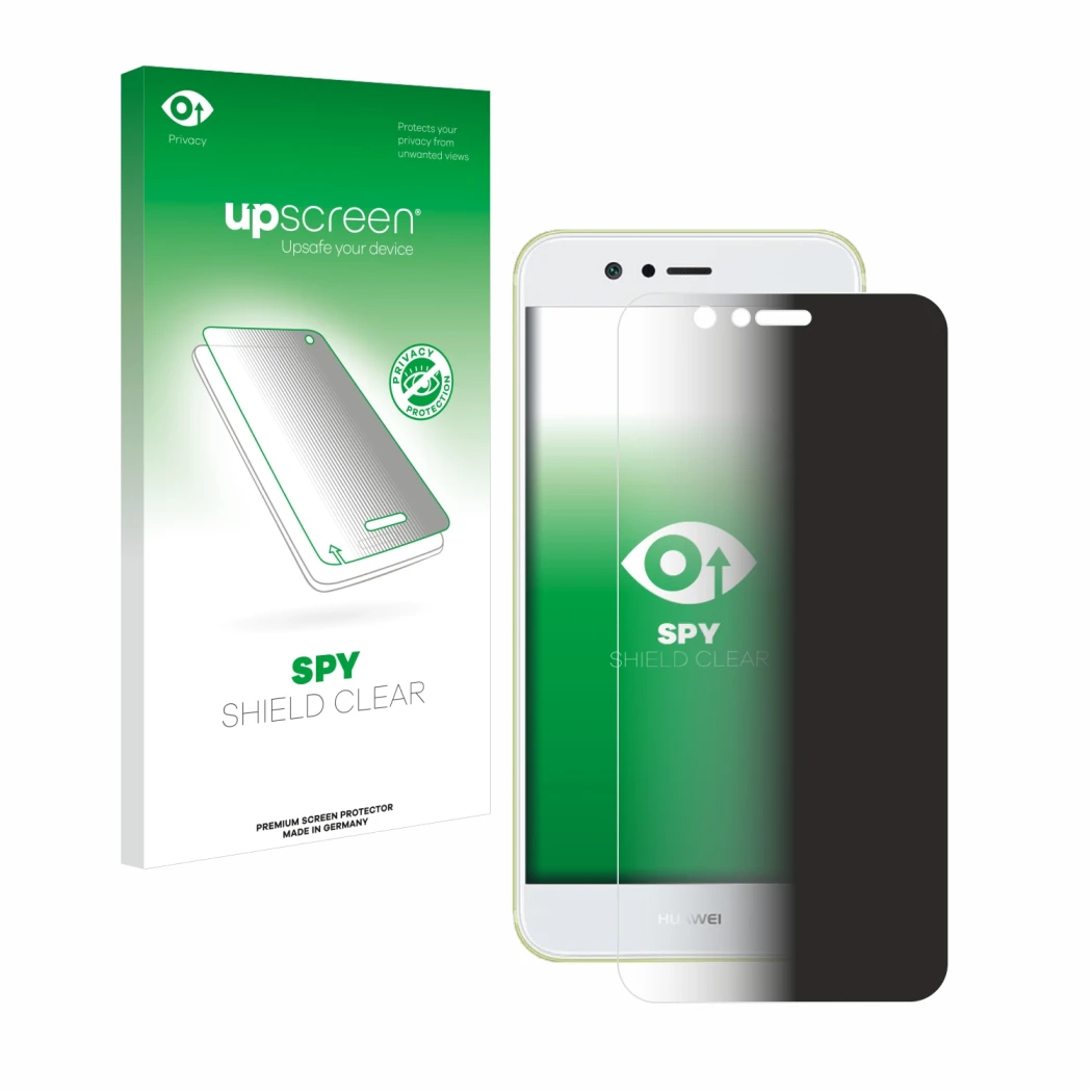 Parte frontal de un envase de producto con el logotipo de la marca upscreen. Al lado se muestra el dispositivo Huawei Nova 2 c
