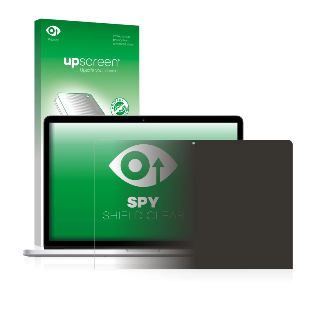 Parte frontal de un envase de producto con el logotipo de la marca upscreen. Al lado se muestra el dispositivo Apple MacBook P