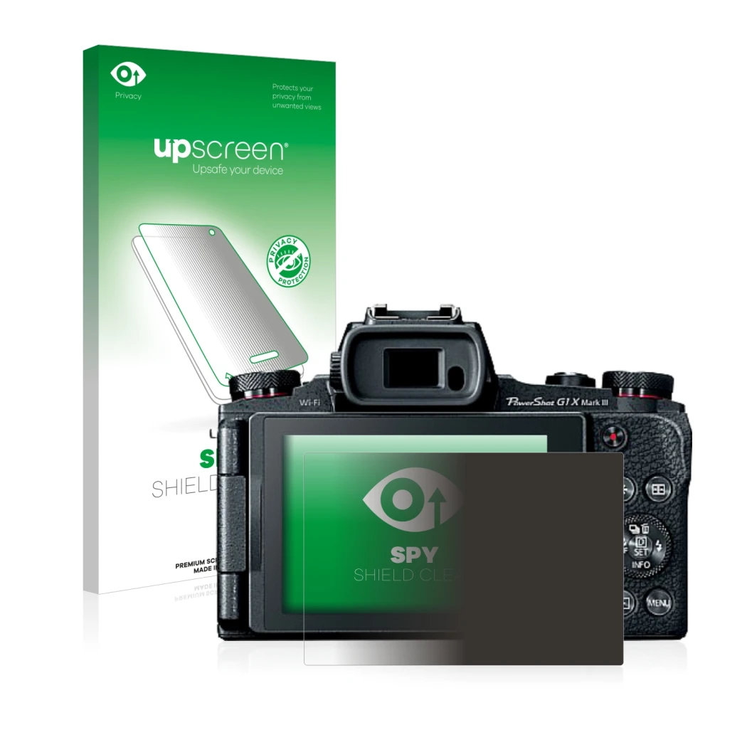 Parte frontal de un envase de producto con el logotipo de la marca upscreen. Al lado se muestra el dispositivo Canon PowerShot