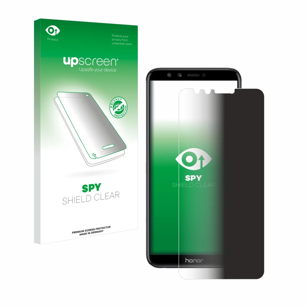 Parte frontal de un envase de producto con el logotipo de la marca upscreen. Al lado se muestra el dispositivo Honor 9 Lite co