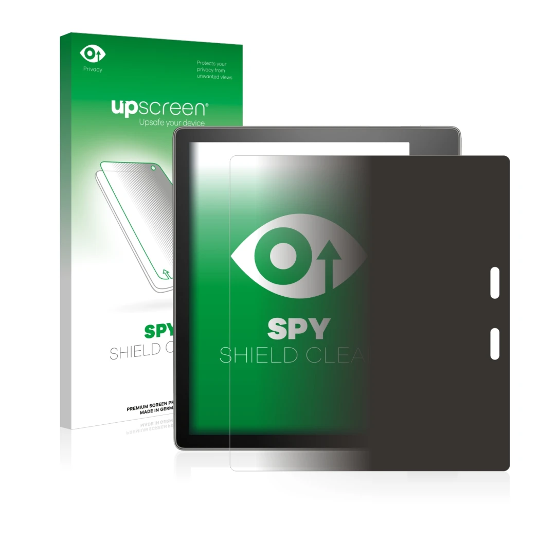 Parte frontal de un envase de producto con el logotipo de la marca upscreen. Al lado se muestra el dispositivo Amazon Kindle O