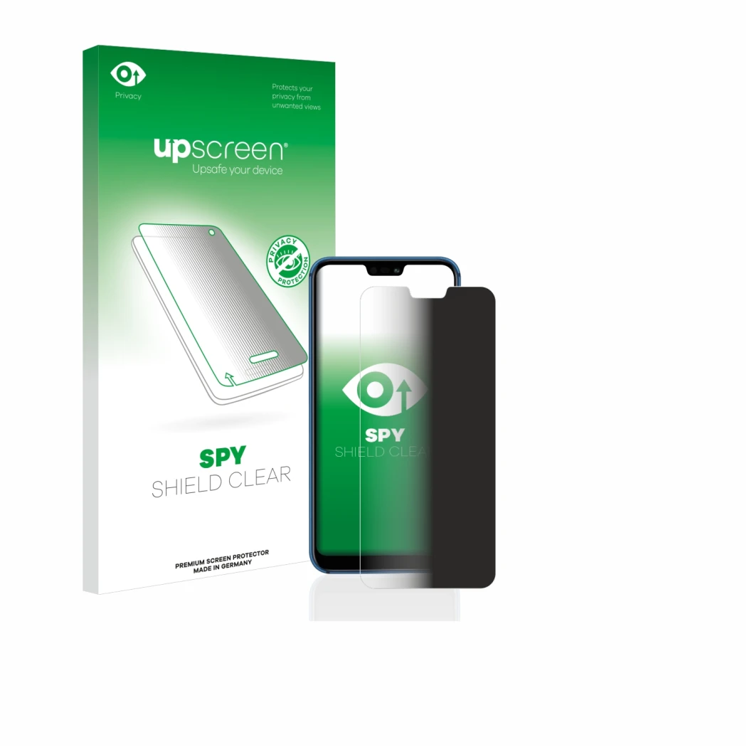 Parte frontal de un envase de producto con el logotipo de la marca upscreen. Al lado se muestra el dispositivo Huawei P20 lite