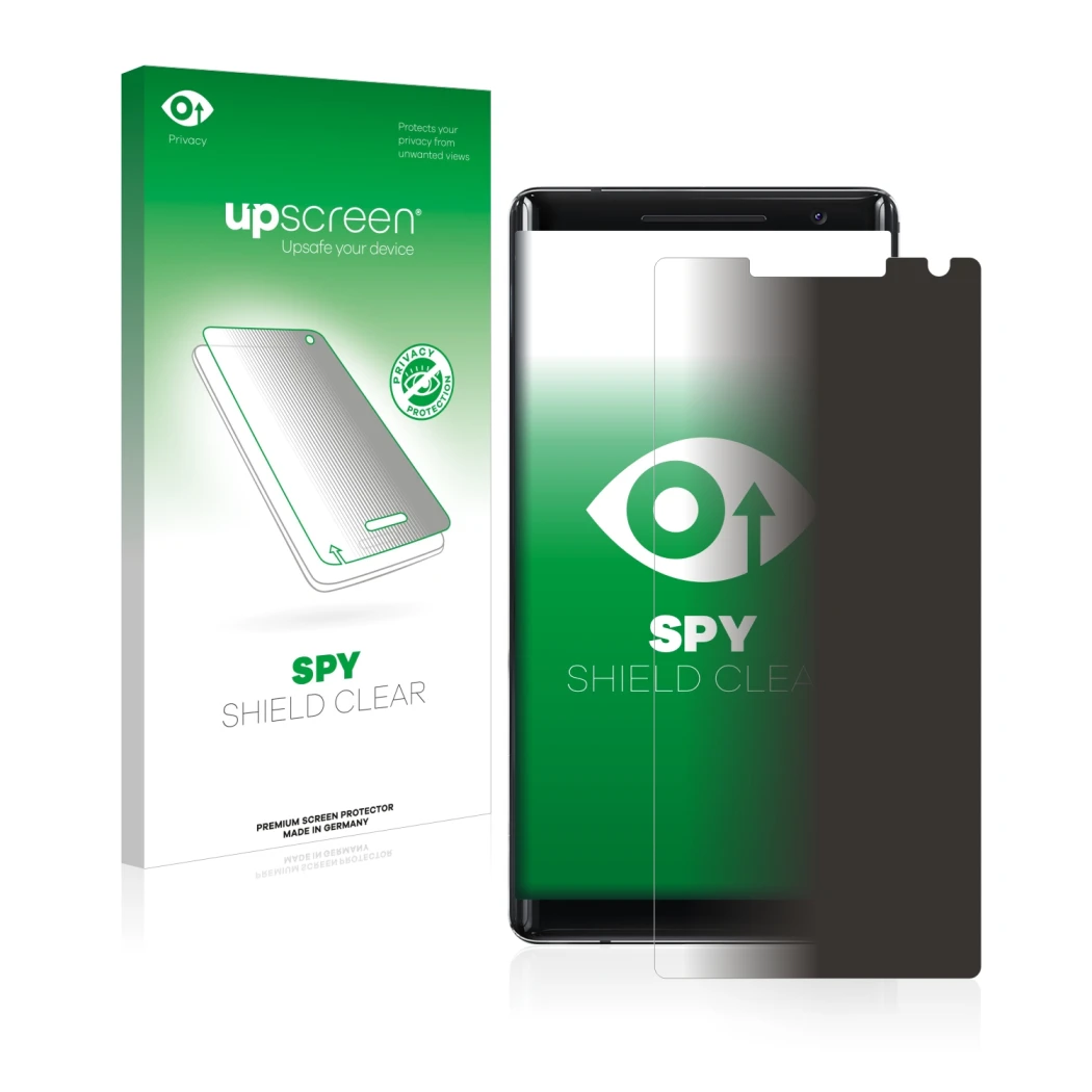 Parte frontal de un envase de producto con el logotipo de la marca upscreen. Al lado se muestra el dispositivo Nokia 8 Sirocco