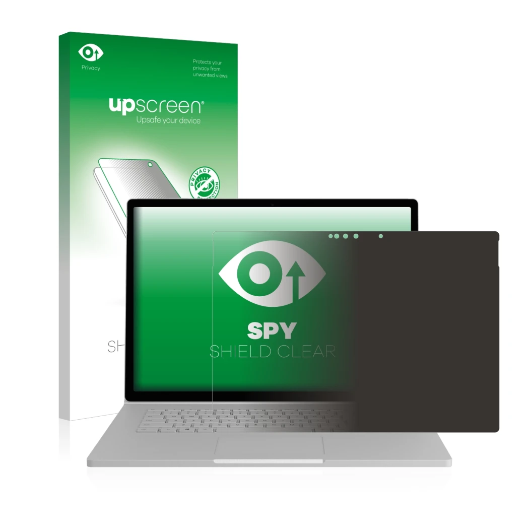 Parte frontal de un envase de producto con el logotipo de la marca upscreen. Al lado se muestra el dispositivo Microsoft Surfa