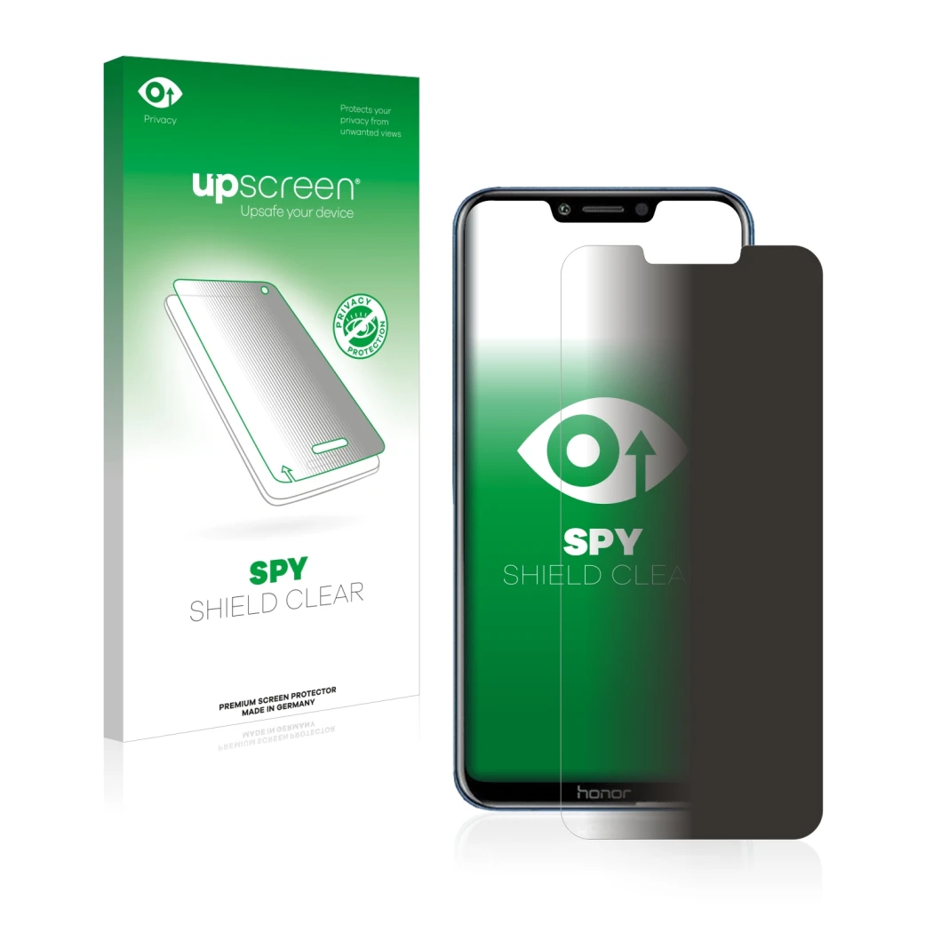 Parte frontal de un envase de producto con el logotipo de la marca upscreen. Al lado se muestra el dispositivo Honor Play con
