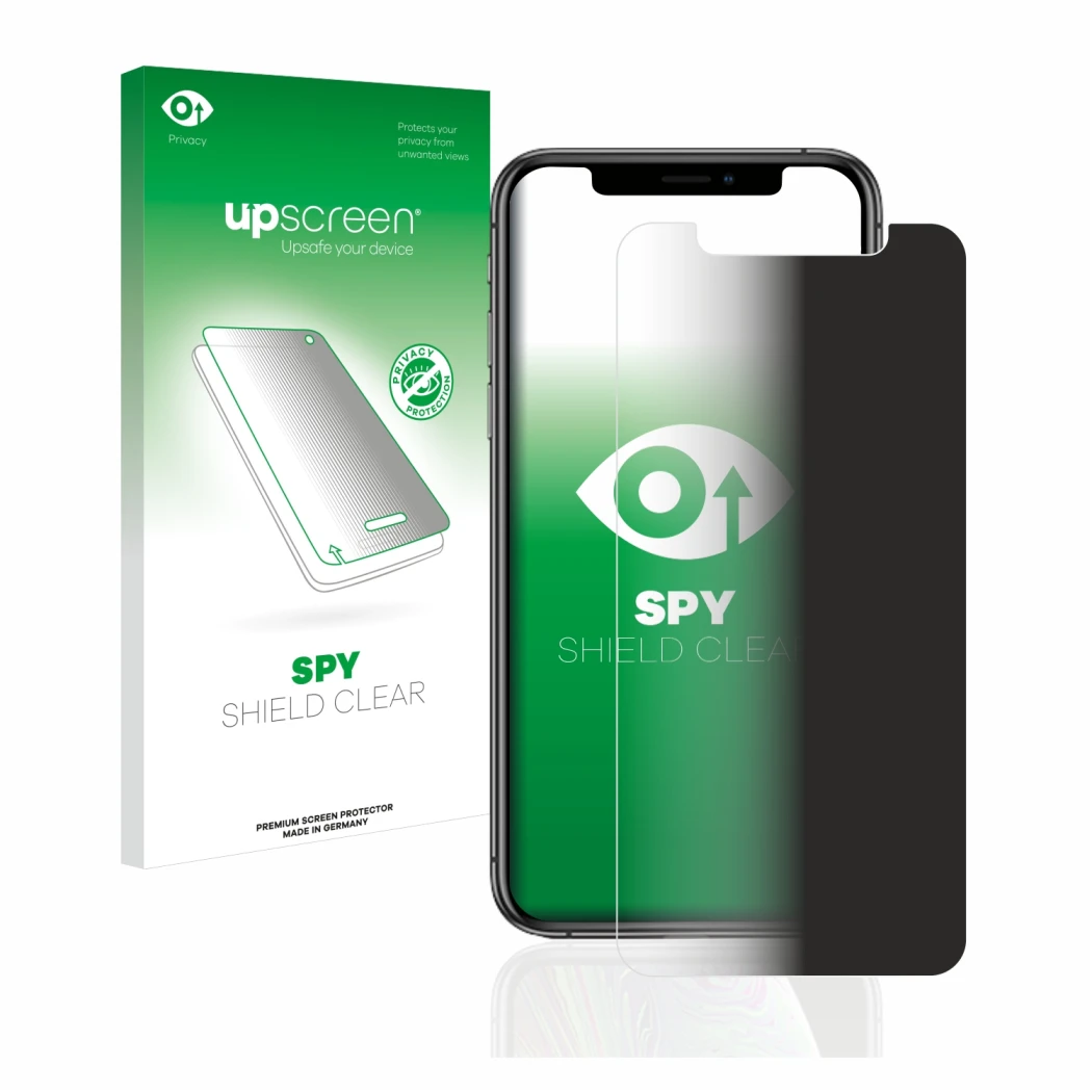Parte frontal de un envase de producto con el logotipo de la marca upscreen. Al lado se muestra el dispositivo Apple iPhone Xs