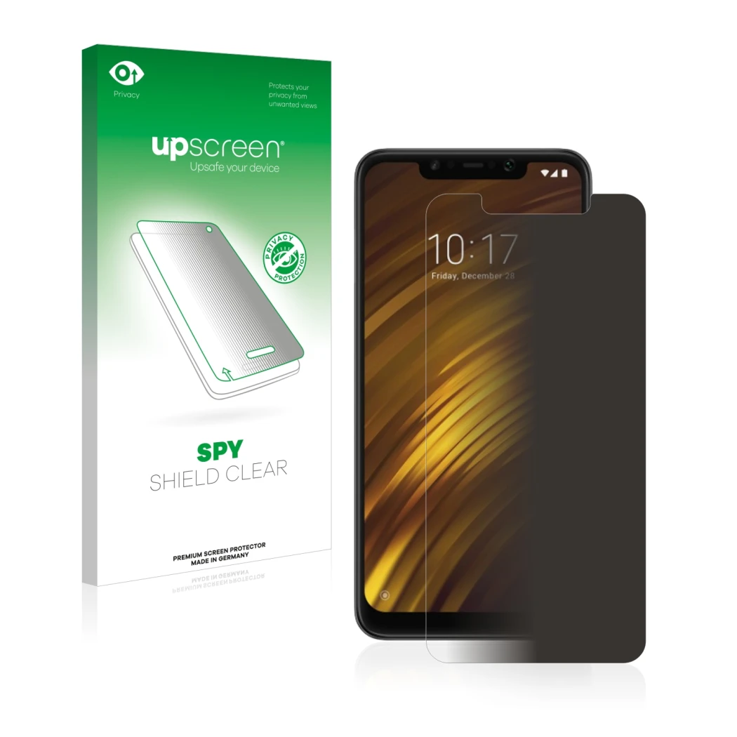 Parte frontal de un envase de producto con el logotipo de la marca upscreen. Al lado se muestra el dispositivo Xiaomi Pocophon