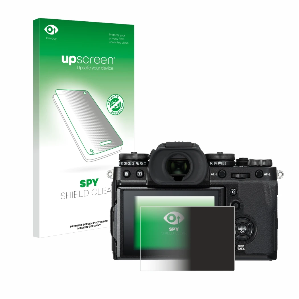 Parte frontal de un envase de producto con el logotipo de la marca upscreen. Al lado se muestra el dispositivo Fujifilm X-T3 c