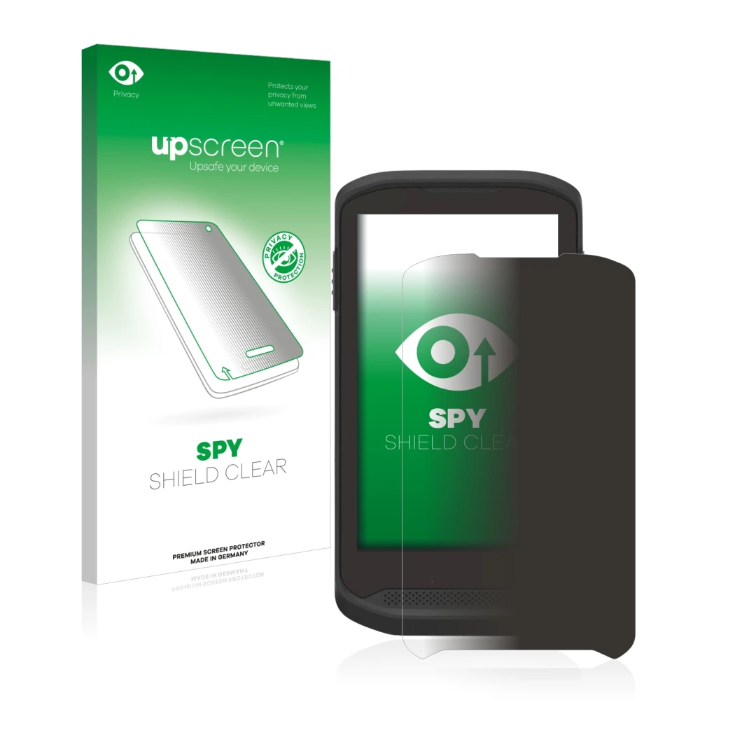 Parte frontal de un envase de producto con el logotipo de la marca upscreen. Al lado se muestra el dispositivo Zebra TC20 Touc