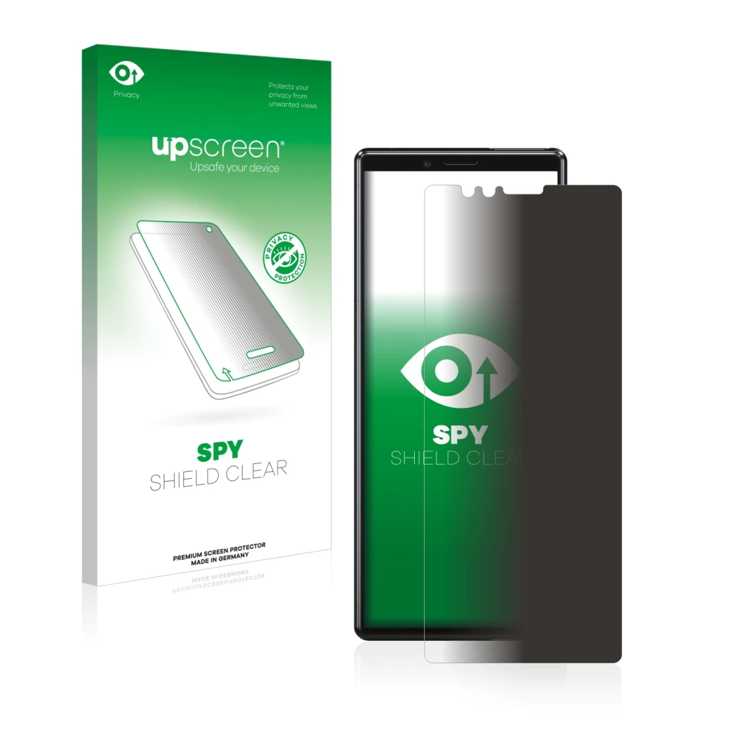 Parte frontal de un envase de producto con el logotipo de la marca upscreen. Al lado se muestra el dispositivo Sony Xperia 1 c