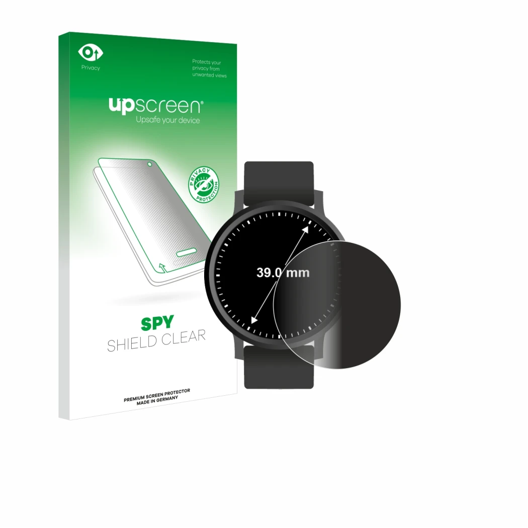 Parte frontal de un envase de producto con el logotipo de la marca upscreen. Al lado se muestra el dispositivo Circular Displa