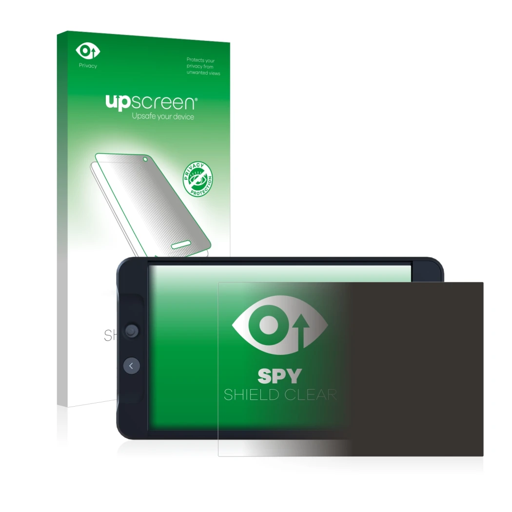 Parte frontal de un envase de producto con el logotipo de la marca upscreen. Al lado se muestra el dispositivo SmallHD 702 Bla