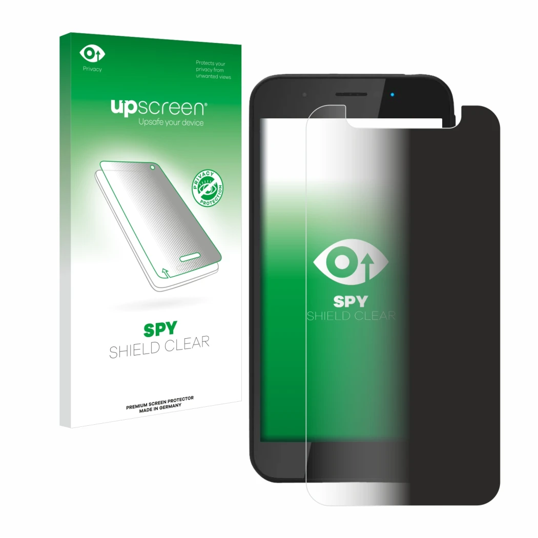 Parte frontal de un envase de producto con el logotipo de la marca upscreen. Al lado se muestra el dispositivo Shiftphones Shi